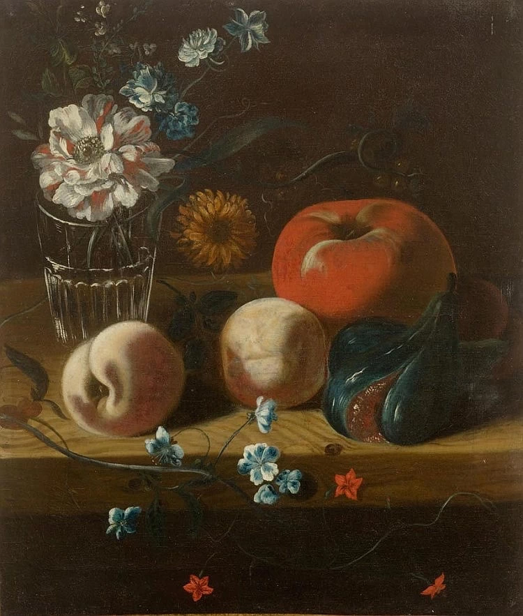 Natura morta con frutta e fiori in un bicchiere